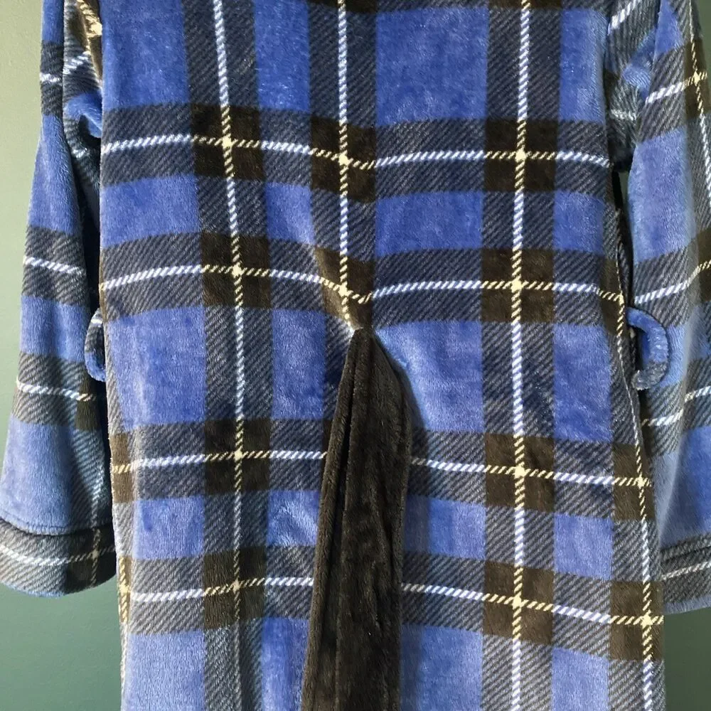 Cuddl Duds Boys Robe Plush with Hood Size M (8/10) Blue, Black, White Plaid